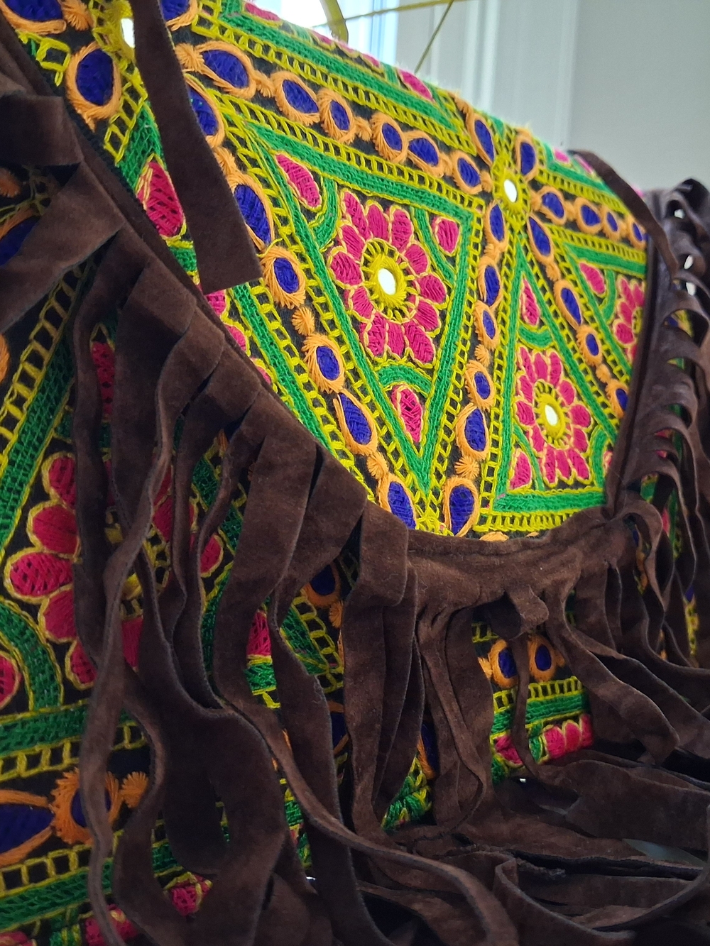 Boho Embroidered Fringe Crossbody Bag - Brown & Multi - Picture 3 of 5